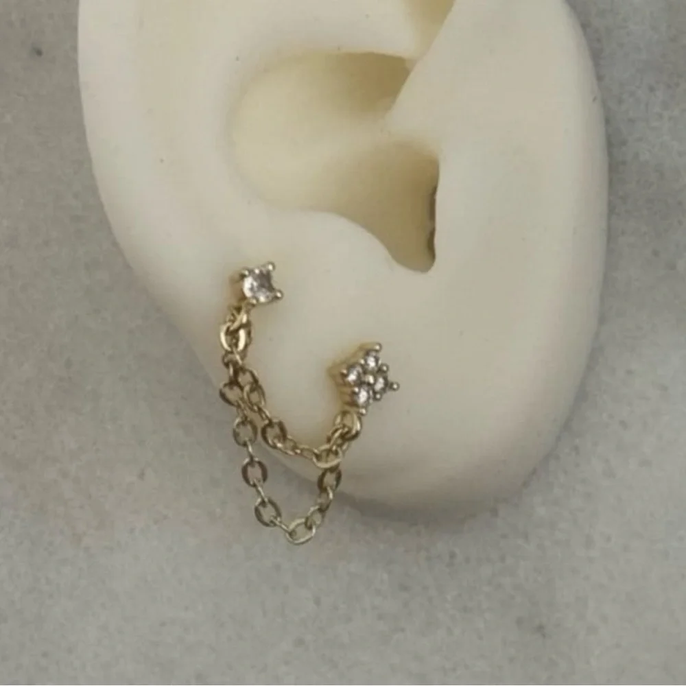 Gold Flower Crystal Double Chain Huggie Earrings Brand New